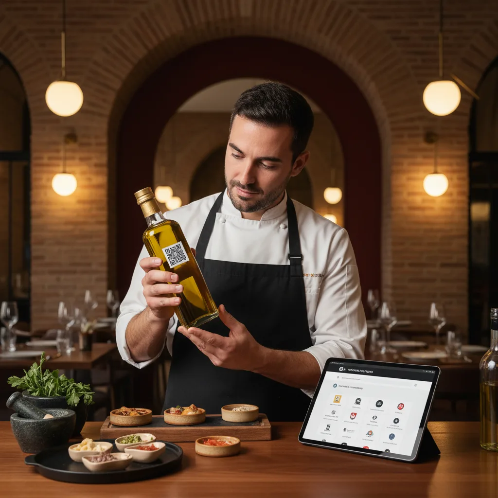 Chef de restaurante examinando aceite con QR